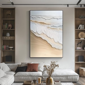 Peinture à l'huile texturée 3D représentant une vague de l'océan sur la plage, art abstrait Wabi-Sabi, décoration de salon, peinture sur toile originale moderne peinte à la main