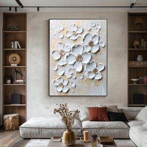 Grande peinture à l'huile originale de fleurs abstraites sur toile, art mural de fleurs blanches texturées en 3D, peinture à l'huile personnalisée, décoration de salon minimaliste