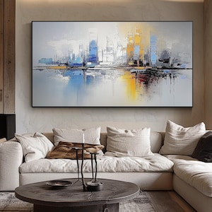 Peinture abstraite moderne de paysage urbain, art original de paysage urbain, art de toile de texture d’horizon de ville, art urbain moderne pour la chambre à coucher et le salon