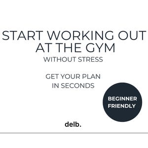 Peut inclure: Fond blanc avec le texte "START WORKING OUT AT THE GYM WITHOUT STRESS" en police sans-serif. En dessous, il est écrit "GET YOUR PLAN IN SECONDS." Un cercle bleu foncé indique "BEGINNER FRIENDLY."