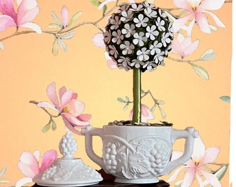 Lidded White Milk Glass Sugar Bowl with Topiary, Paper Flower Topiary, Cute Small Topiary, Topiary SphereTree, Tree Topiary, Hostess Gift