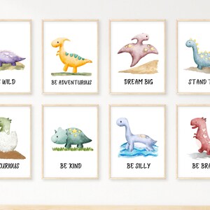 Dinosaur themed watercolor wall art printable décor, nursery, boys room, playroom, SET of 8