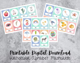 Aquarell Alphabet Buchstaben Flashcards Vorschule, Kleinkind, Kindergarten, homeschooling