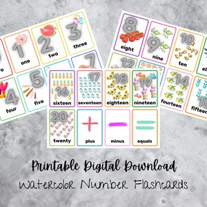 Printable Watercolor Number Flashcards 0-20 Toddler, Preschool, Homeschooling, Digital Download