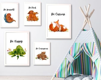 Woodland Loved Ones Themed Watercolor Wall Art Printable Décor, Nursery, Boys room, Girls room, Playroom, SET of 5