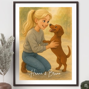 Gepersonaliseerde cartoonportret hond en eigenaar – aangepaste huisdierillustratie, digitale download, cadeau hond moeder, verjaardagscadeau huisdierliefhebber