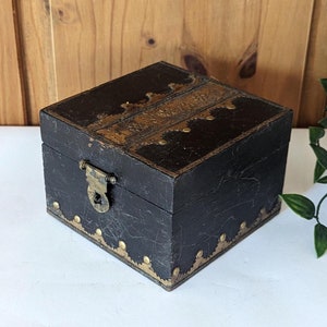 Antique Square Wooden Gilt Brass Inlay Treasure Chest Box