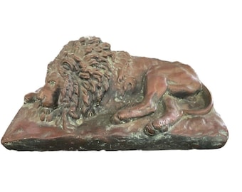 Antique Cast Bronze Sculpture Statue Lion Laying Down Signed