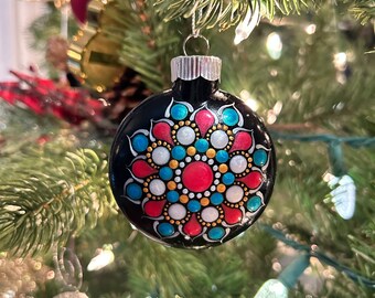 Mandala Christmas Ornament Handpainted Metalliv Red, Pearl White, and Blue