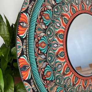 Oasis 30 Handpainted Mandala Mirror in Coral & Teal Tones on 1/2 Birch Wood Panel Wall Decor Art for Home or Office image 7