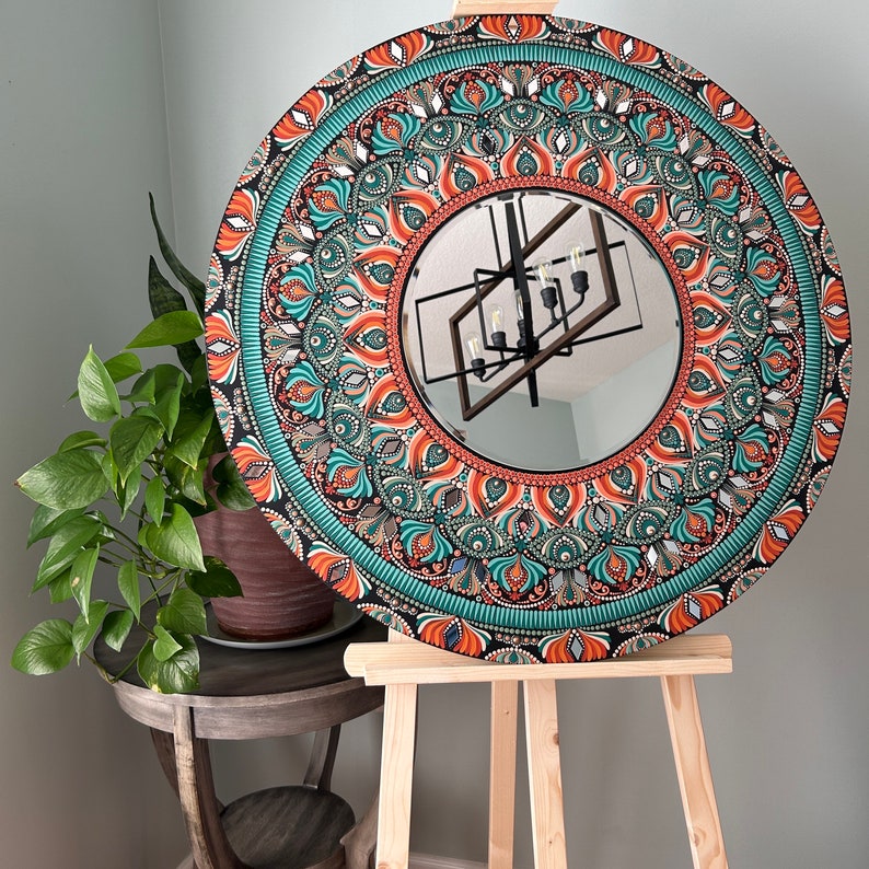 Oasis 30 Handpainted Mandala Mirror in Coral & Teal Tones on 1/2 Birch Wood Panel Wall Decor Art for Home or Office image 6