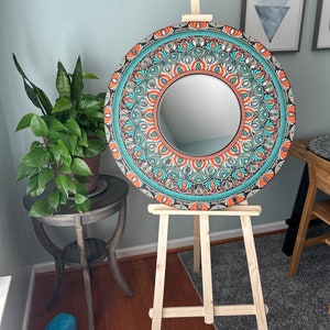 Oasis 30 Handpainted Mandala Mirror in Coral & Teal Tones on 1/2 Birch Wood Panel Wall Decor Art for Home or Office image 5