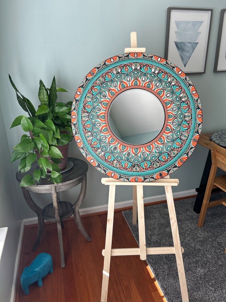 Oasis 30 Handpainted Mandala Mirror in Coral & Teal Tones on 1/2 Birch Wood Panel Wall Decor Art for Home or Office image 5