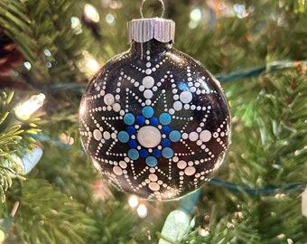 Mandala Christmas Ornament Handpainted Silver, Blue & Black Snowflake