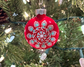 Mandala Christmas Ornament Handpainted Red, White, Seafoam Green Design 2