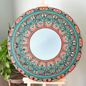 Oasis 30 Handpainted Mandala Mirror in Coral & Teal Tones on 1/2 Birch Wood Panel Wall Decor Art for Home or Office image 1