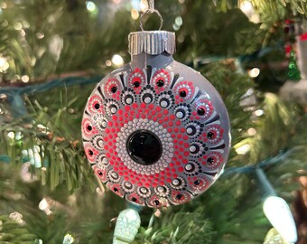 Mandala Christmas Ornament Handpainted Red/Black/Gray