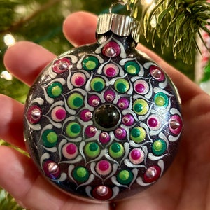 Mandala Christmas Ornament Handpainted Black Glitter with Red, Pearl White & Green image 2