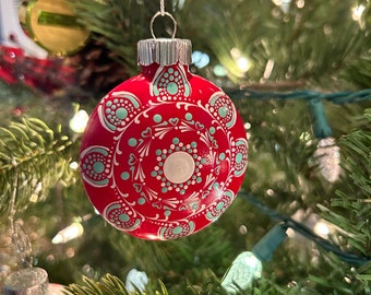 Mandala Christmas Ornament Handpainted Red, White, Seafoam Green