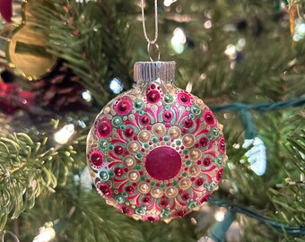 Mandala Christmas Ornament Handpainted Clear Glass with Green, Red, & Gold Color Pallette