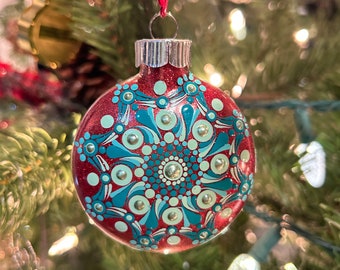 Mandala Christmas Ornament Handpainted Red & Green
