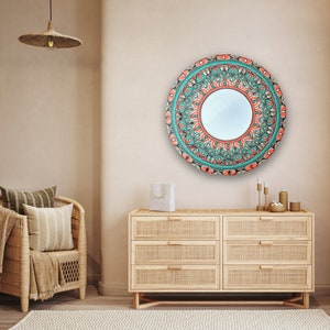 Oasis 30 Handpainted Mandala Mirror in Coral & Teal Tones on 1/2 Birch Wood Panel Wall Decor Art for Home or Office image 2