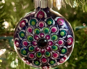 Mandala Christmas Ornament Handpainted Black Glitter with Red, Pearl White & Green