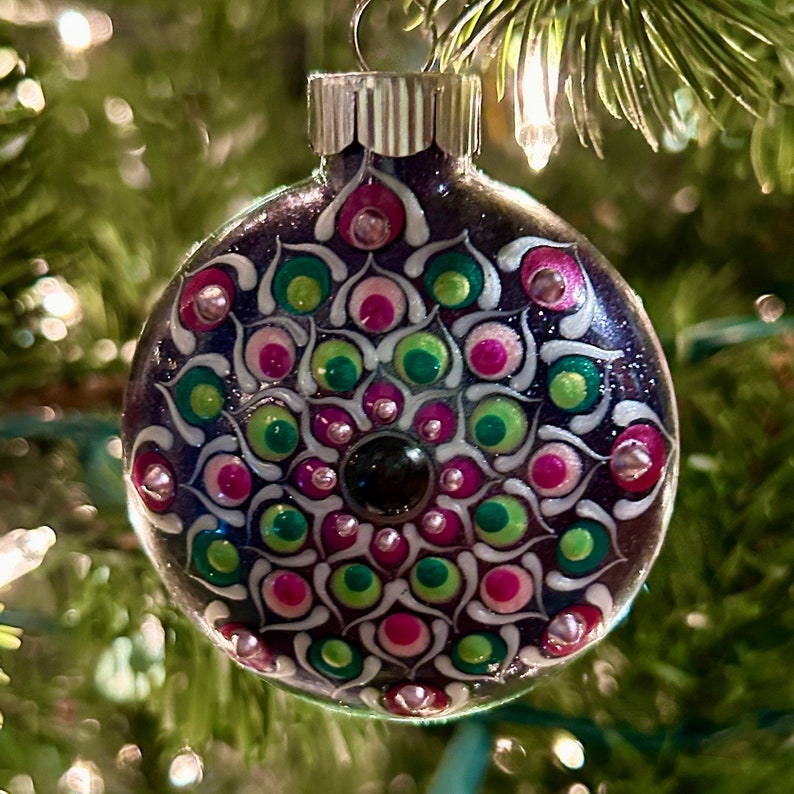 Mandala Christmas Ornament Handpainted Black Glitter with Red, Pearl White & Green image 1