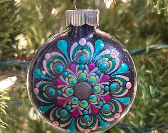 Mandala Christmas Ornament Handpainted Black Glitter with Purple/Pink/Blue