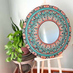 Oasis 30 Handpainted Mandala Mirror in Coral & Teal Tones on 1/2 Birch Wood Panel Wall Decor Art for Home or Office image 3