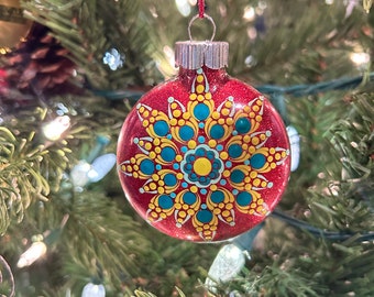 Mandala Christmas Ornament Handpainted Red Yellow & Green