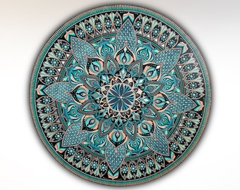 Aqua Bloom- 30” Handpainted Mandala in Turquoise & Peach Tones on 1/2” Birch Wood Panel- Wall Decor Art for Home or Office