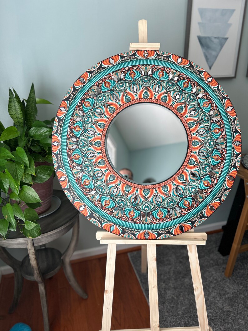 Oasis 30 Handpainted Mandala Mirror in Coral & Teal Tones on 1/2 Birch Wood Panel Wall Decor Art for Home or Office image 4