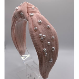 Handmade Women’s Top Knot Headband is Soft Blush Pink w/ Imitation Flatback Pears!