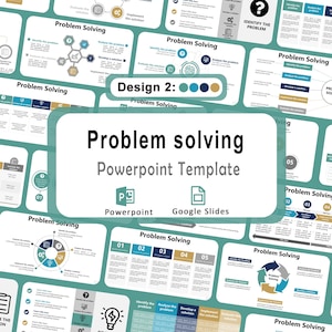 Può includere: Modelli PowerPoint e Google Slides a tema problem solving. Il design presenta uno schema di colori turchese e oro, con diagrammi e testo che delineano il processo di problem solving. Il titolo "Problem solving" è ben visibile.