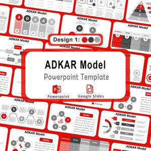 Puede incluir: Una plantilla de PowerPoint en rojo y blanco, con el texto "ADKAR Model" y "Powerpoint Template". La imagen muestra varias diapositivas con diagramas y los elementos del modelo ADKAR: Conciencia, Deseo, Conocimiento, Habilidad y Refuerzo.