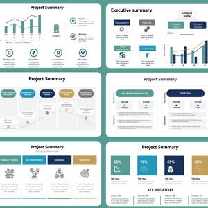 May include: A business presentation with multiple slides. The slides feature charts, graphs, and infographics in shades of blue and teal. Text includes "Project Summary," "Executive Summary," and key performance indicators.