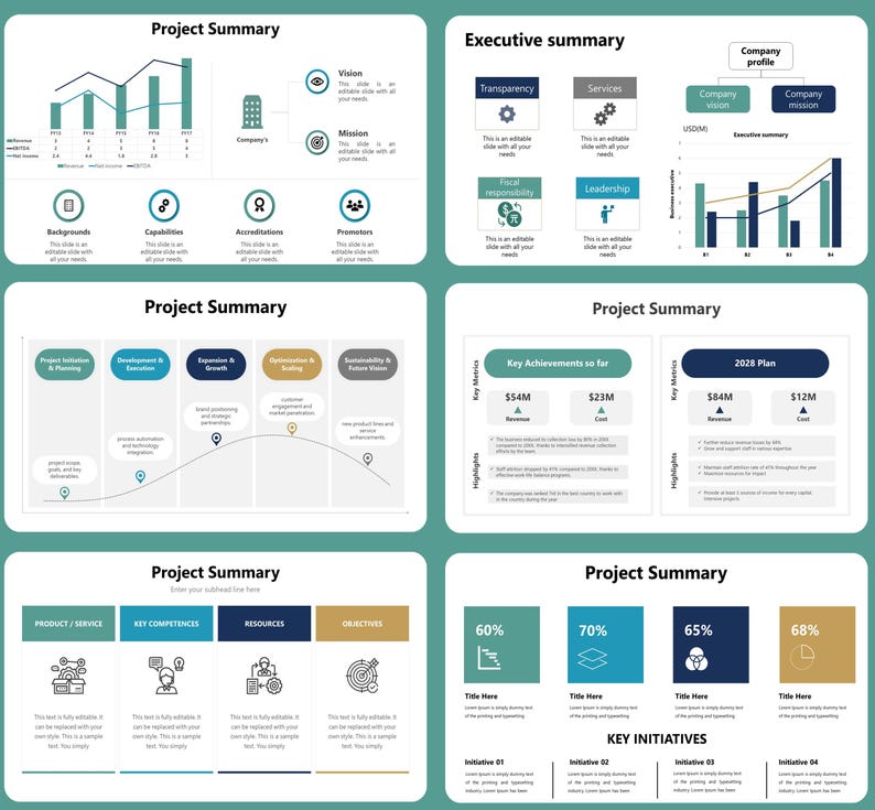 May include: A business presentation with multiple slides. The slides feature charts, graphs, and infographics in shades of blue and teal. Text includes "Project Summary," "Executive Summary," and key performance indicators.