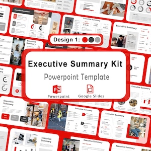 May include: A PowerPoint template kit titled "Executive Summary Kit" with a red and white design. The template includes various slides with charts, graphs, and images, suitable for business presentations. The kit is compatible with PowerPoint and Google Slides.