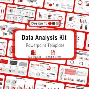 May include: A red and white PowerPoint template titled "Data Analysis Kit." The design includes various charts, graphs, and data visualizations. The template is designed for use with PowerPoint and Google Slides.
