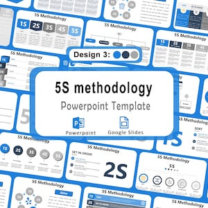 Può includere: Un modello PowerPoint blu e bianco che presenta la metodologia 5S. Il titolo "5S methodology" è ben visibile, insieme alle icone per PowerPoint e Google Slides. Il modello illustra i vari passaggi.