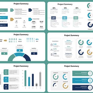 May include: A set of project summary slides in teal and white. The slides feature charts, graphs, and text boxes with data and headings including "Company Overview", "Company Budget", and "Market Trends".