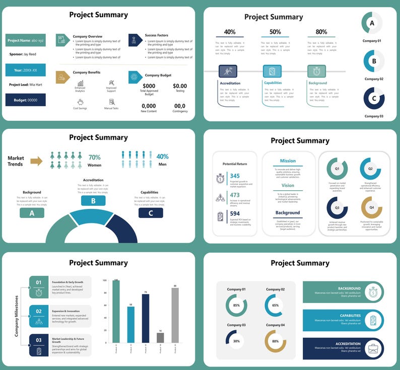 May include: A set of project summary slides in teal and white. The slides feature charts, graphs, and text boxes with data and headings including "Company Overview", "Company Budget", and "Market Trends".
