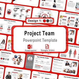 May include: A red and white PowerPoint template titled "Project Team." The template includes various slides with team member photos, organizational charts, and data visualizations. The design is modern and suitable for business presentations.