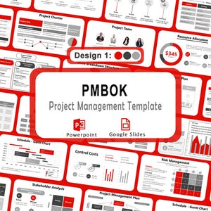May include: A red and white PMBOK Project Management Template with the text "PMBOK Project Management Template" and icons for PowerPoint and Google Slides. The design includes various project management charts and diagrams.