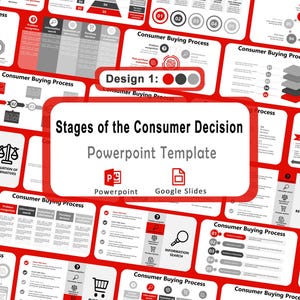 May include: A red and white PowerPoint template titled "Stages of the Consumer Decision." The design includes various diagrams illustrating the consumer buying process, with icons and numbered steps. The template is designed for PowerPoint and Google Slides.