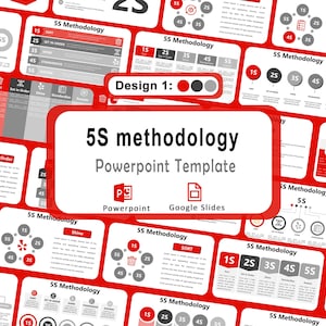 Può includere: Un modello PowerPoint rosso e bianco con il testo "5S methodology" e icone per PowerPoint e Google Slides. Il design include vari diagrammi e grafici che illustrano i passaggi della metodologia 5S.