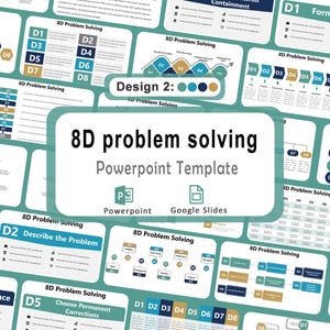 May include: A PowerPoint template for 8D problem-solving, featuring a teal and white color scheme. The design includes various slides outlining the 8D process, with clear headings and diagrams. The template is compatible with both PowerPoint and Google Slides.