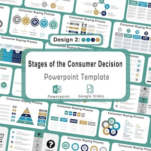 May include: A PowerPoint template titled "Stages of the Consumer Decision" with various diagrams illustrating the consumer buying process. The design includes a light teal background with white and blue accents, and the text "Powerpoint" and "Google Slides".