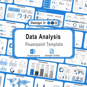 Può includere: Modello di presentazione digitale per l'analisi dei dati, con uno schema di colori blu e bianco. Il design include grafici e mappe, con il testo "Data Analysis PowerPoint Template" e icone.